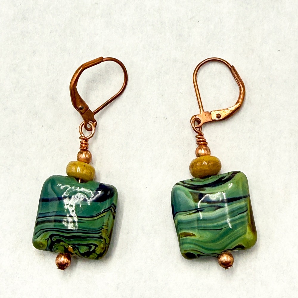 Artisan Green Lampwork Glass Square Bead Copper Dangle Earrings Handmade